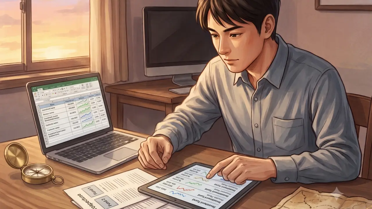 新NISA、iDeCo、特定口座と書かれたファイルを手にとり確認する男性のイラスト