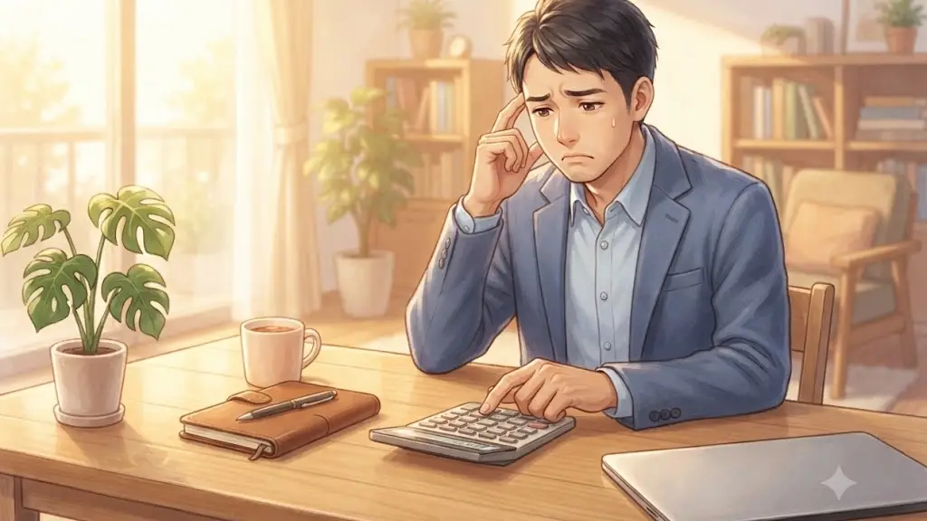 電卓を叩きながらため息をつくオフィスカジュアルの日本人男性