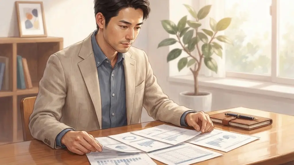 デスクに置かれた書類を見つめる男性