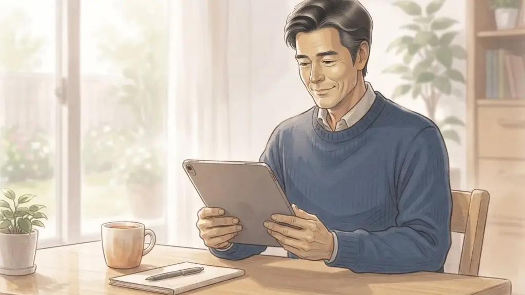 木製のデスクで落ち着いた様子でタブレットを操作する日本人男性