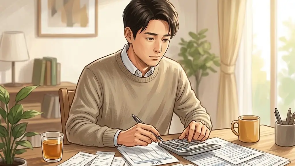 デスクに領収書や書類を広げて真剣な表情で計算機を叩く日本人男性