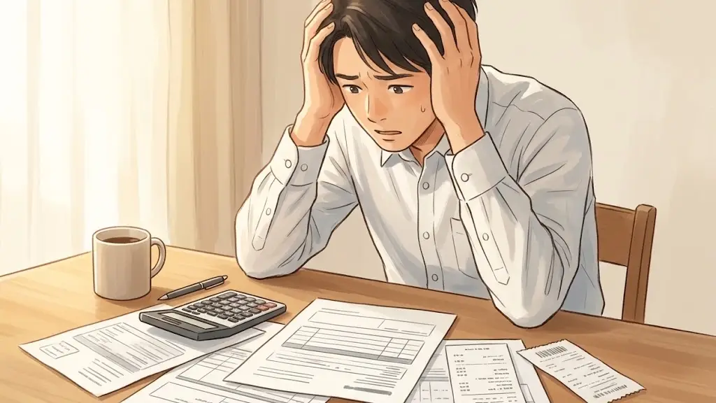 書類と電卓が置かれた机で頭を抱える男性