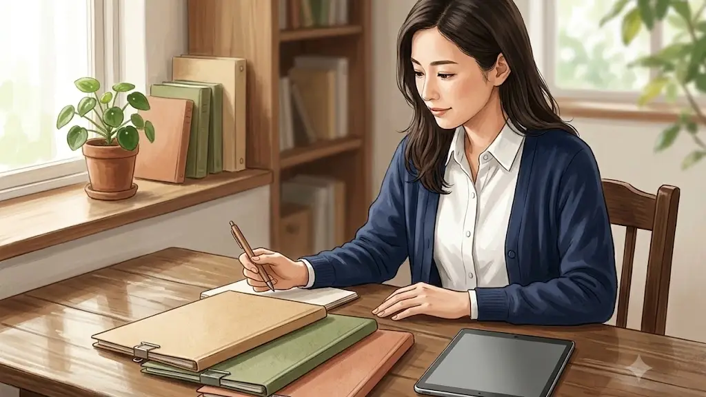 机の上に置かれた3つのファイルフォルダと不透明な背面を持つタブレットを見つめる日本人女性
