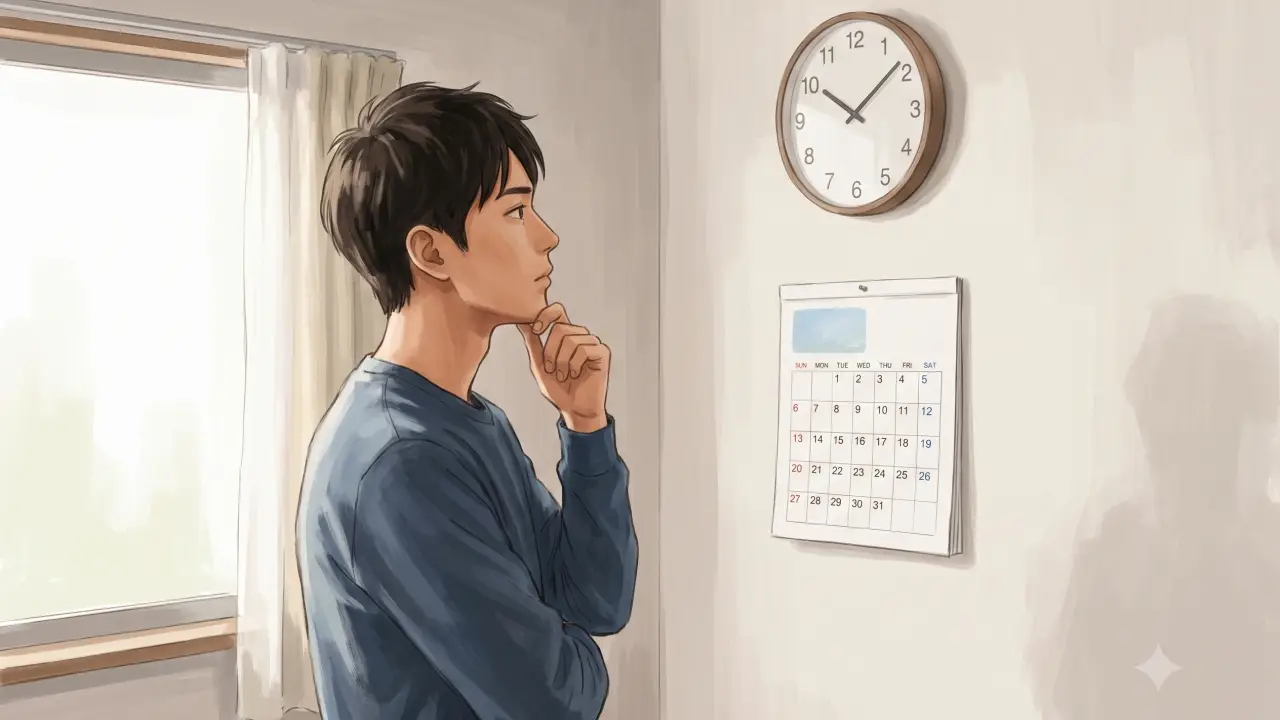 窓からの光が差し込む部屋で、壁掛け時計とカレンダーを見つめる日本人男性