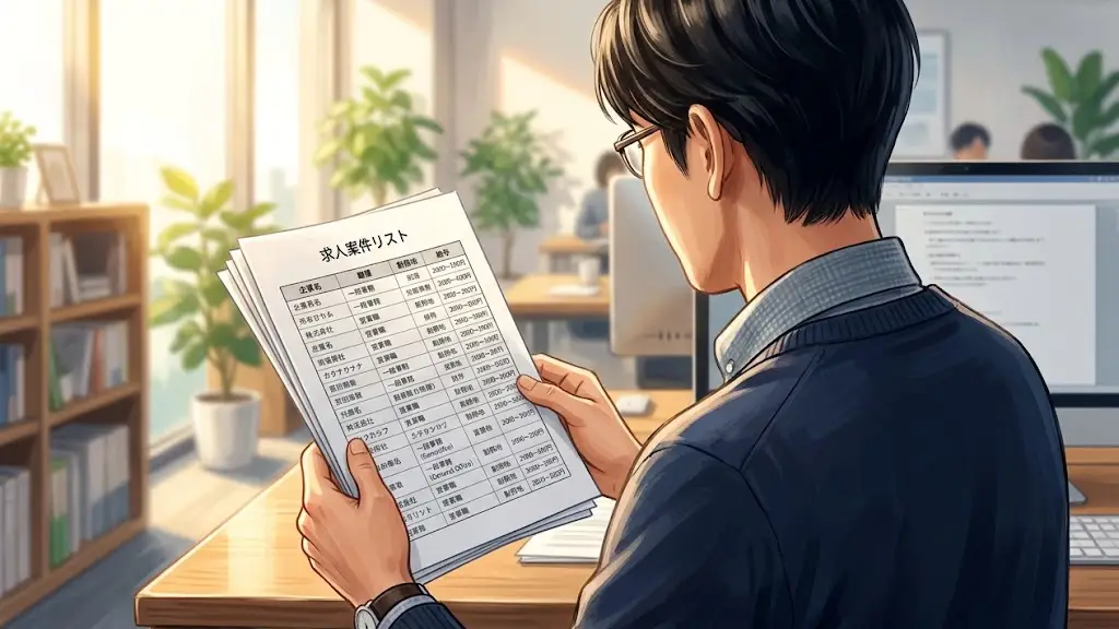 手元で求人リストを確認する様子