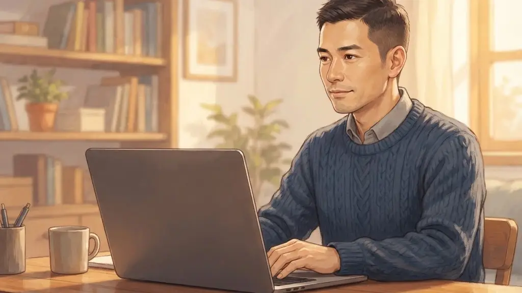 デスクでノートパソコンの画面を見つめる男性