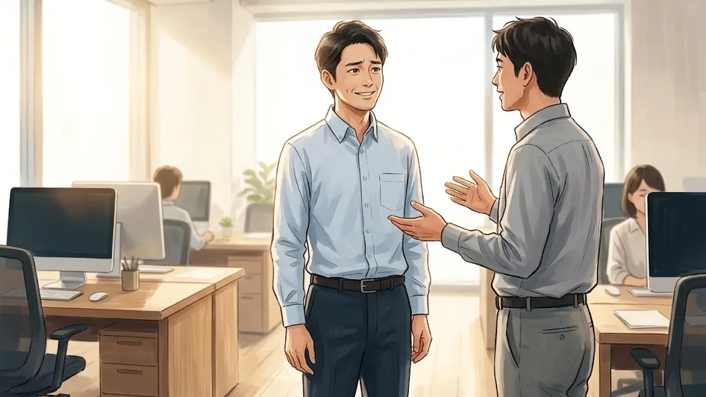オフィスで同僚に話しかけられ少し困ったような苦笑いを浮かべる男性