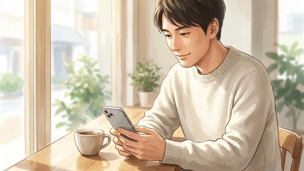 カフェの窓際でスマートフォンを操作しながらリラックスする日本人男性