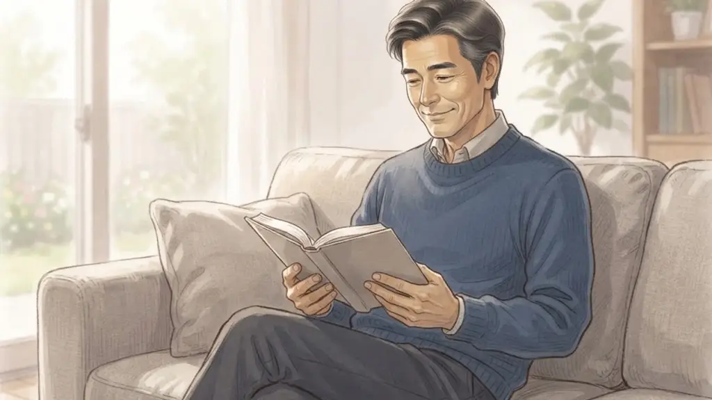 日差しの入る部屋でソファに深く座り読書を楽しむ日本人男性
