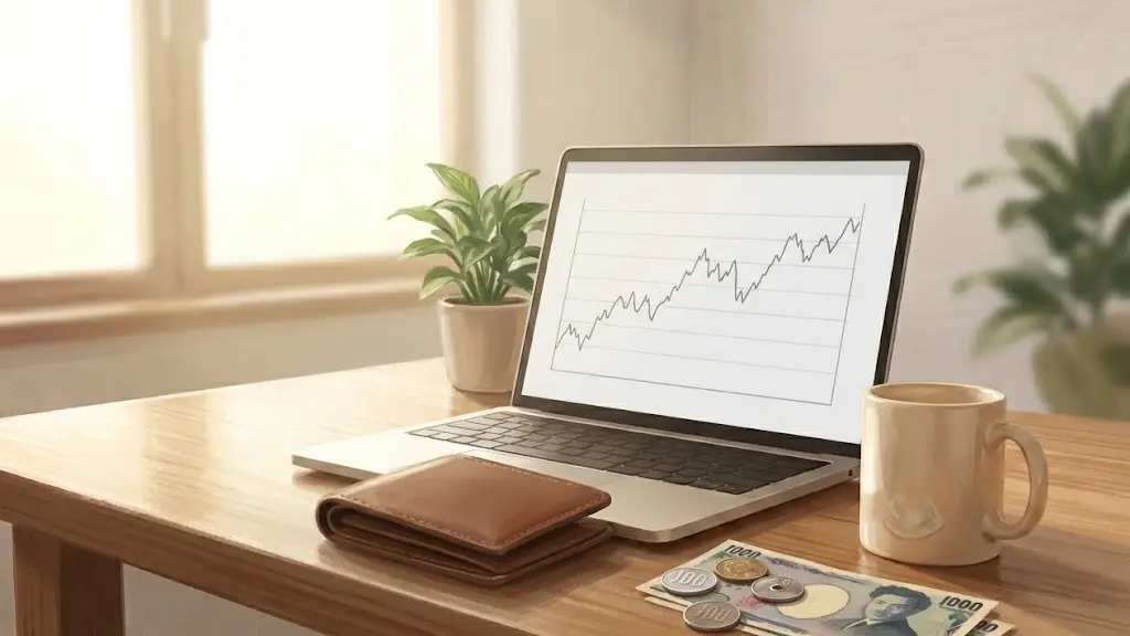 木製デスクの上に置かれたシンプルな革財布と柔らかな日差し