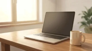 明るい室内の木製デスクに置かれたノートパソコンとマグカップ
