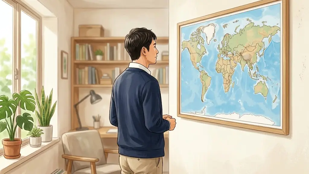 壁に掛けられた世界地図を少し離れた場所から見つめる日本人男性