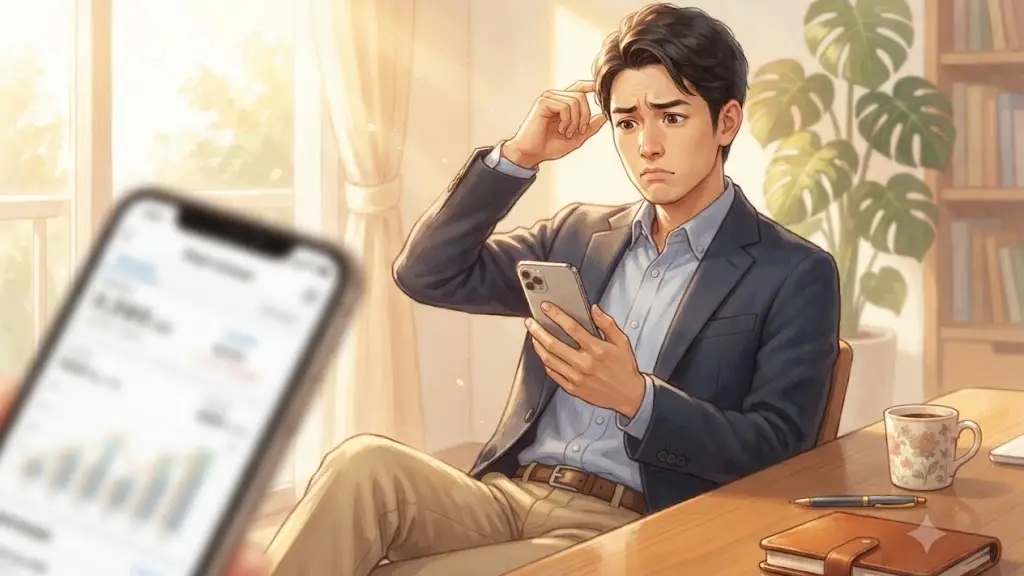 スマートフォンを見ながら首をかしげるオフィスカジュアルの日本人男性