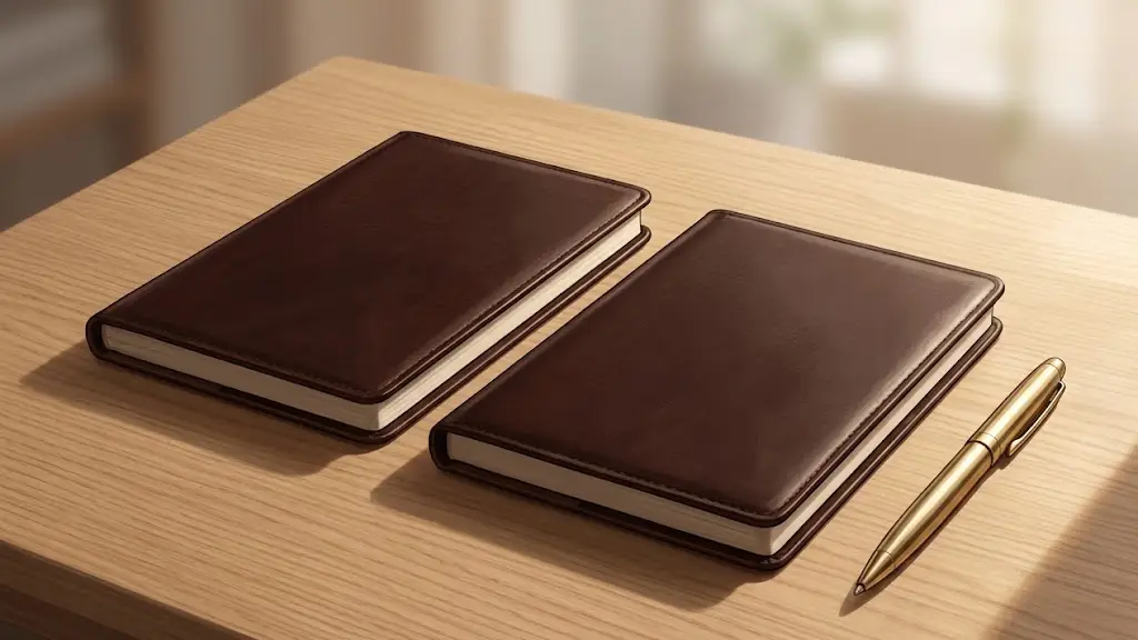 木製デスクの上に並べられた対になる2冊の上質な革製ノートと真鍮のペン