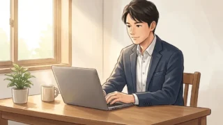 自然光が差し込む部屋でノートパソコンを開いて落ち着いて作業する日本人男性