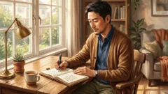 窓辺のデスクでノートを開き、自分自身の体験や思考をペンで書き留める日本人男性