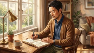 窓辺のデスクでノートを開き、自分自身の体験や思考をペンで書き留める日本人男性