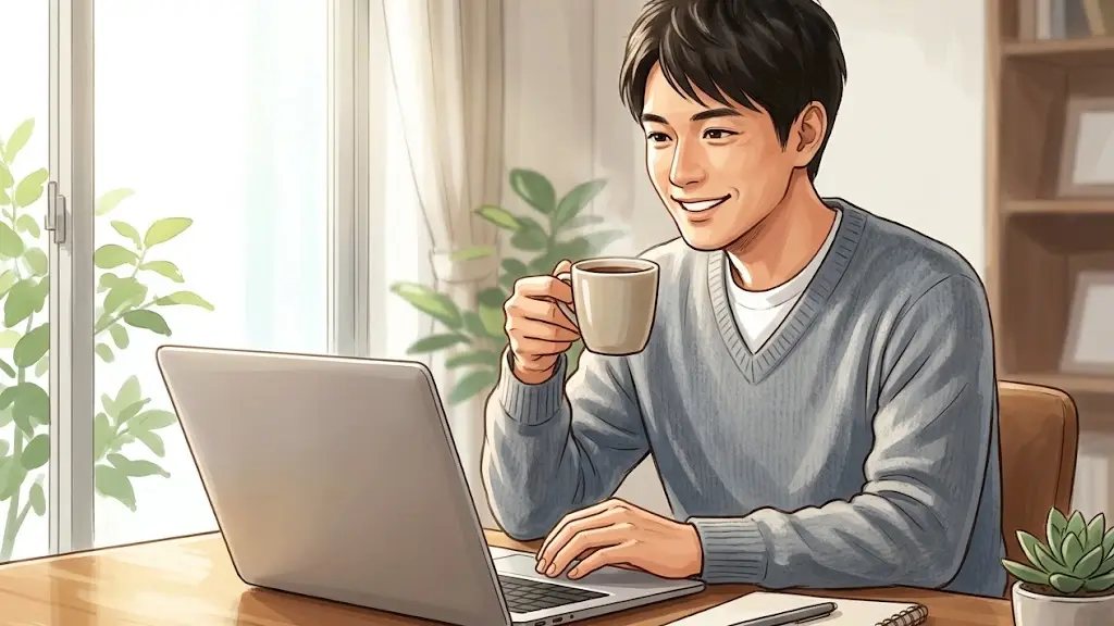 パソコンの前で満足そうにコーヒーを飲みながら画面を眺める日本人男性