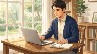 自然光が差し込む落ち着いた書斎の木製デスクでノートパソコンを開いて作業する日本人男性