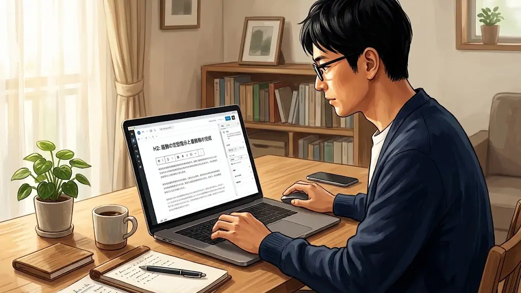 机上のノートパソコンでブログ記事の装飾や見出しのレイアウトを落ち着いて調整する日本人男性