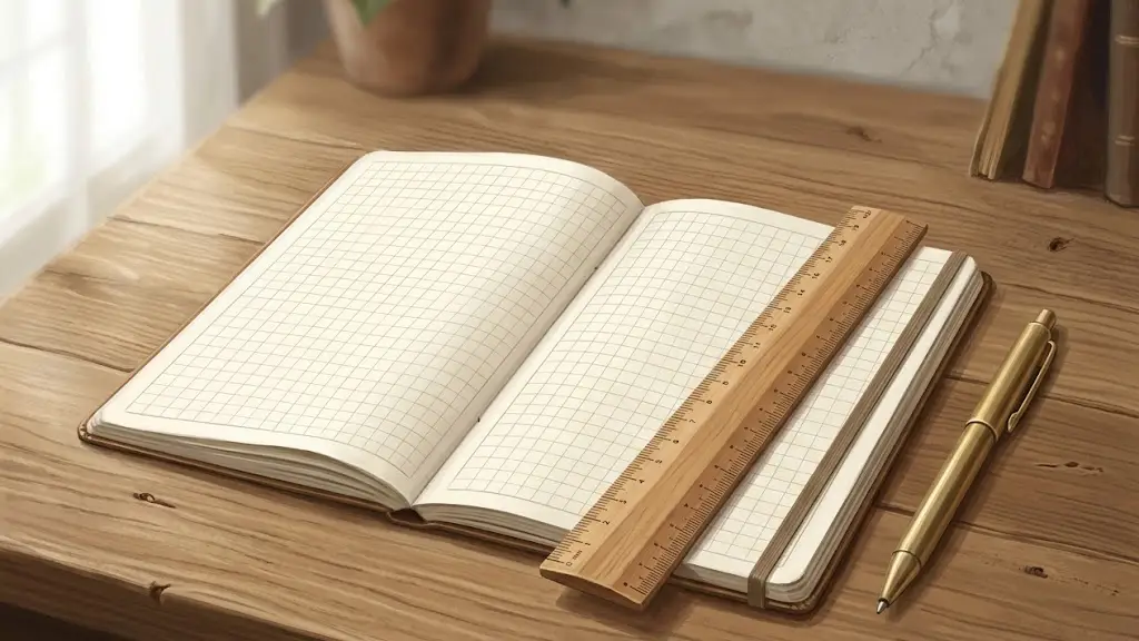 温かみのある木製机の上に整然と並べられた木製定規と真鍮製ボールペンと方眼ノート