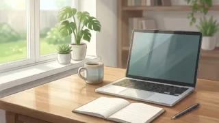 自然光が差し込むデスクに置かれたノートパソコンとコーヒーカップ