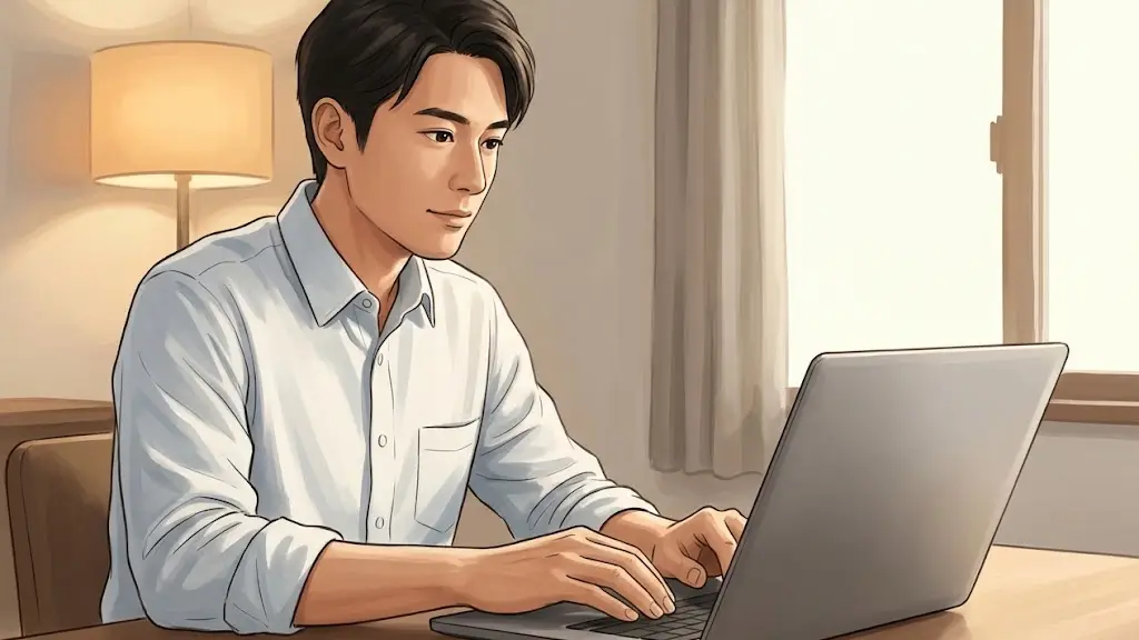 ノートパソコンの画面を見つめながら落ち着いてキーボードに手を置く日本人男性