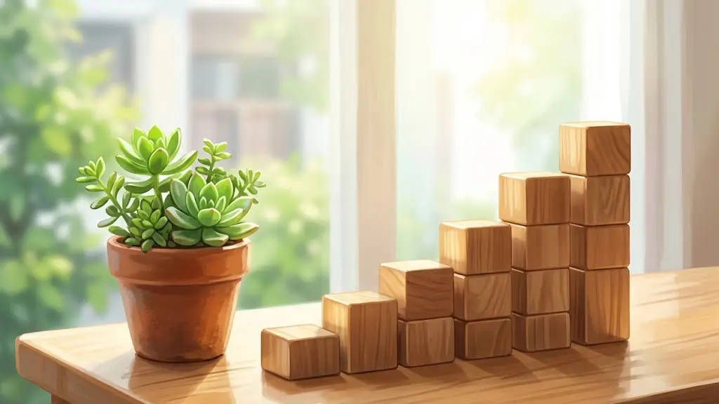 明るい窓辺に置かれた小さな鉢植えと積み重ねられた木のブロック