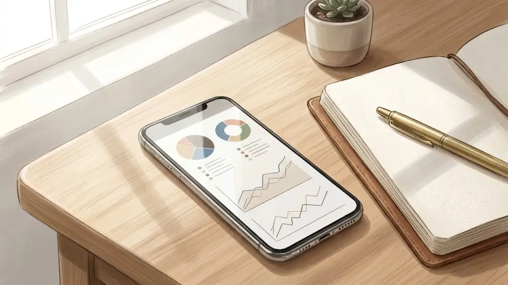 木製デスクの上に置かれたスマートフォンと手帳