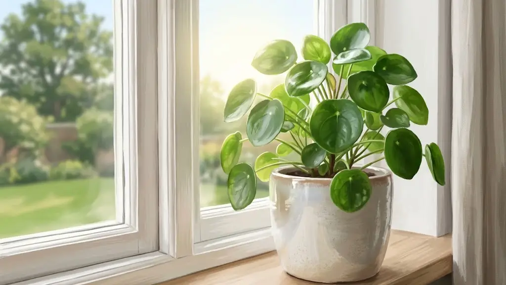 窓からの柔らかな光を浴びて青々と育つ鉢植えの観葉植物