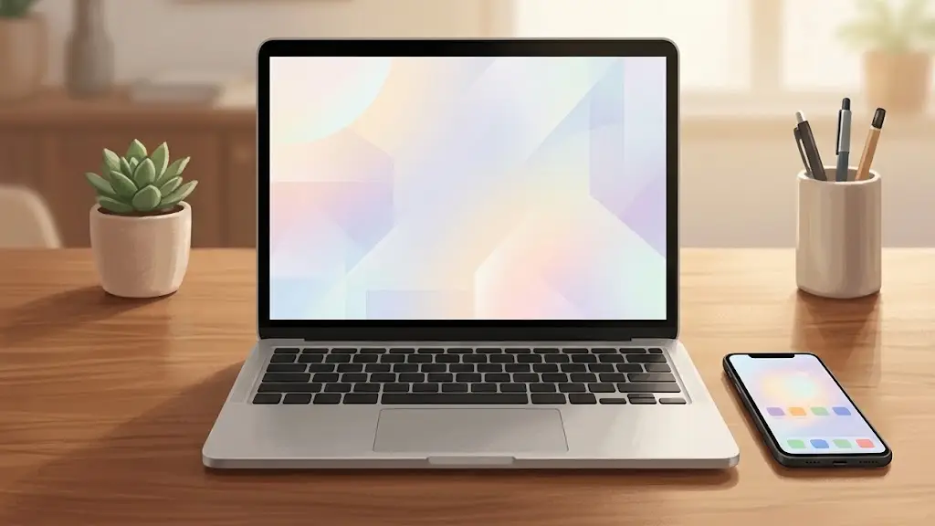 木製デスクの上に並んで置かれたノートPCとスマートフォン