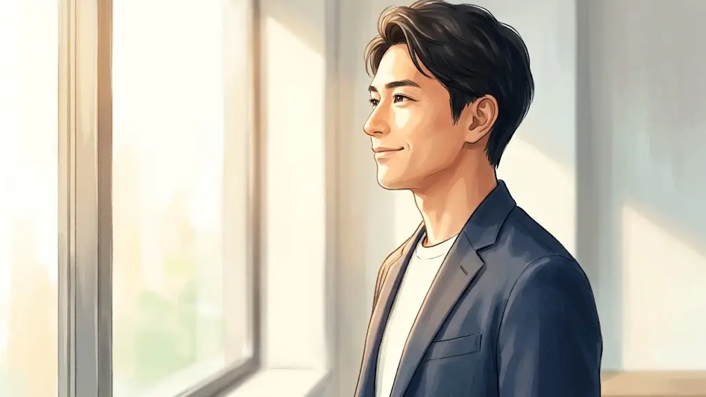 明るい日差しが差し込む部屋で満足そうに窓の外を見つめる日本人男性の横顔