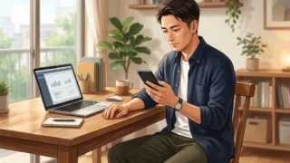木目調のデスクでノートパソコンを開きスマートフォンを手にする日本人男性