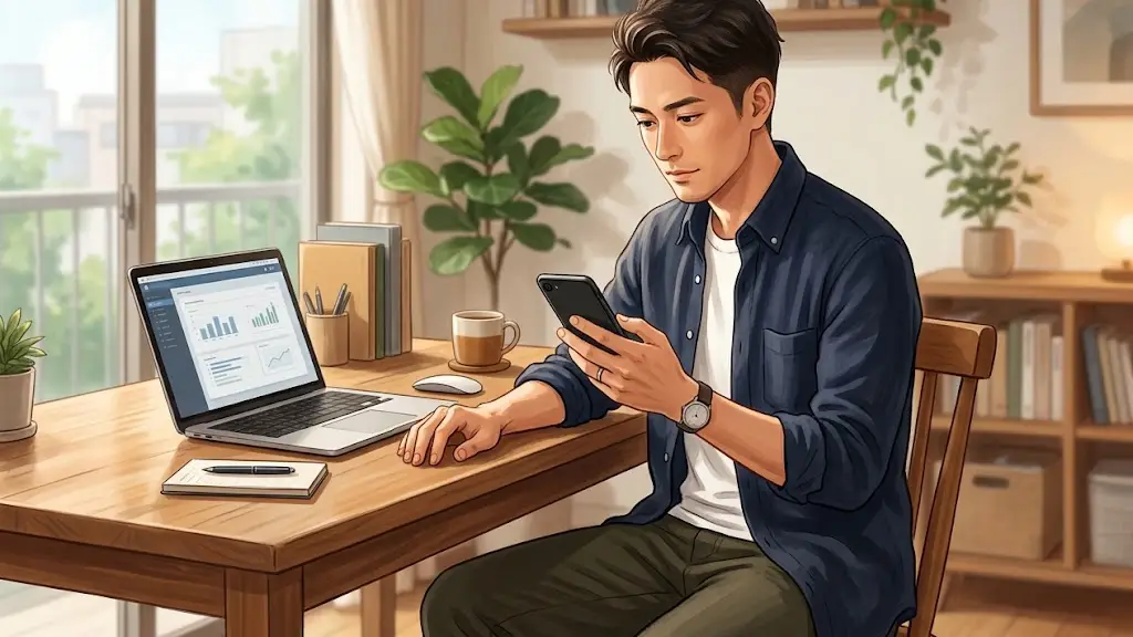 木目調のデスクでノートパソコンを開きスマートフォンを手にする日本人男性