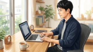整頓された木目調デスクでノートパソコンを開き作業を進める日本人男性