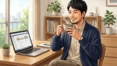 デスクでノートパソコンを開きリラックスした表情でコーヒーを飲む日本人男性