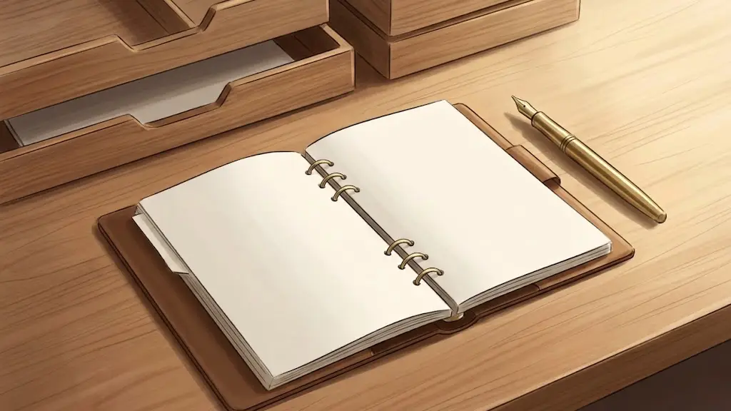 木の机の上に置かれた手帳と真鍮の万年筆