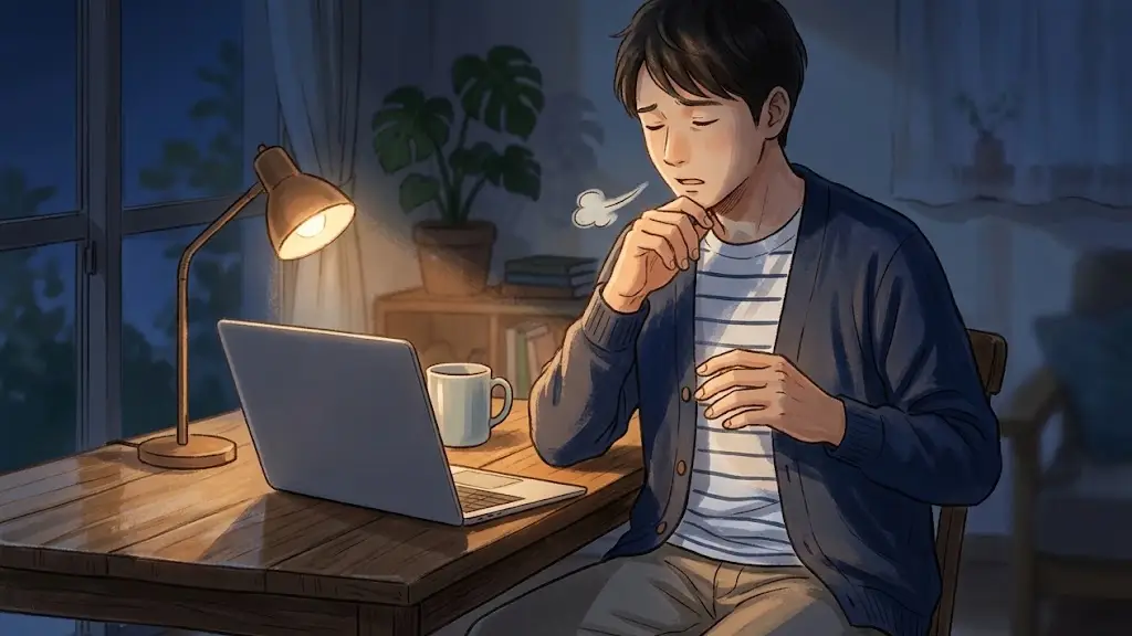 夜の部屋でノートパソコンの前に座り疲れた様子で一息つく日本人男性