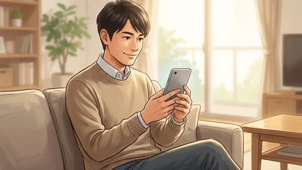 スマートフォンの画面を見つめながら納得した表情を浮かべる日本人男性