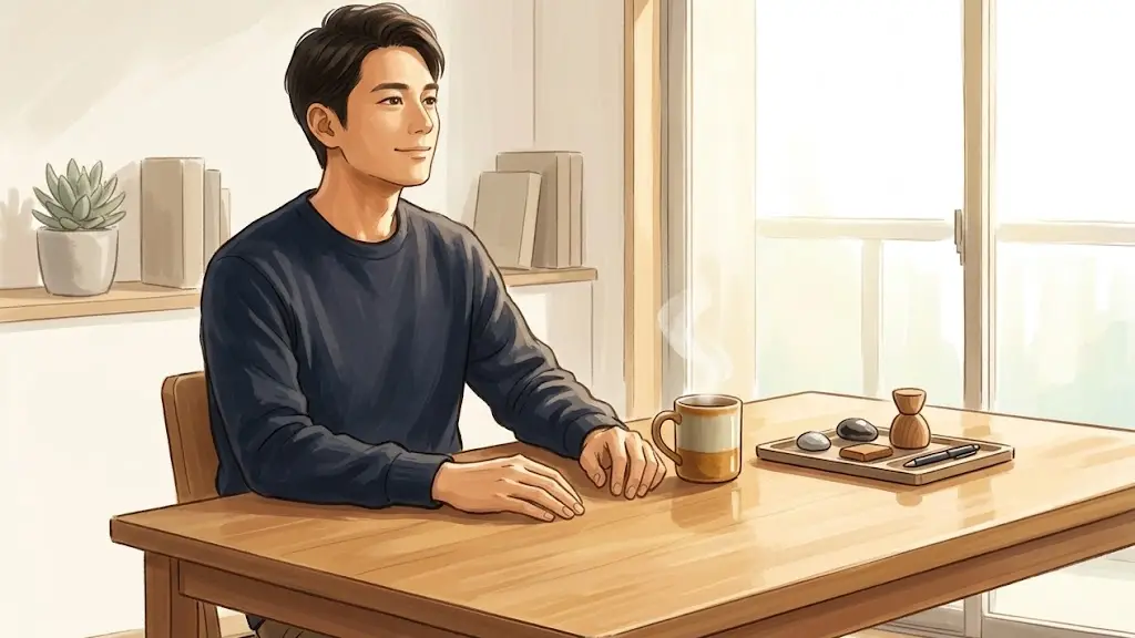 すっきりと片付いた机の前で穏やかな表情を浮かべ一息つく日本人男性