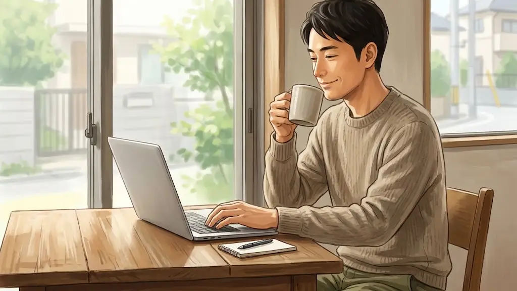 デスクでマグカップを手に持ちリラックスした様子でノートパソコンに向かう日本人男性