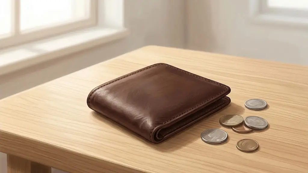 明るい木製デスクの上に置かれた革の財布と数枚のシンプルな硬貨