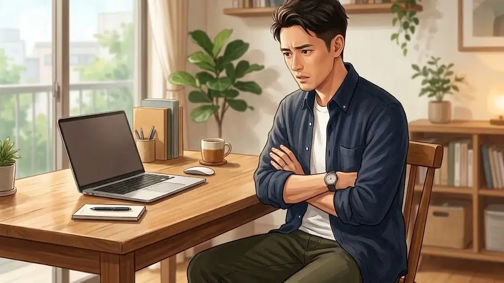 ノートパソコンの画面を見つめながら少し困ったように腕を組む日本人男性