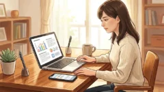 デスクでノートPCとスマートフォンを見比べながら作業する日本人
