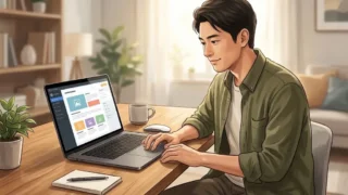 デスクでノートPCの画面を見ながらブログのレイアウトを調整する男性