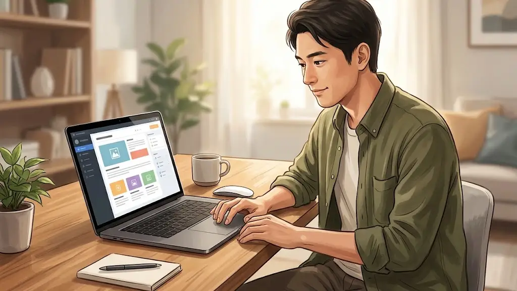 デスクでノートPCの画面を見ながらブログのレイアウトを調整する男性