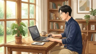 自然光が入る部屋のデスクで落ち着いてノートパソコンに向かう日本人男性