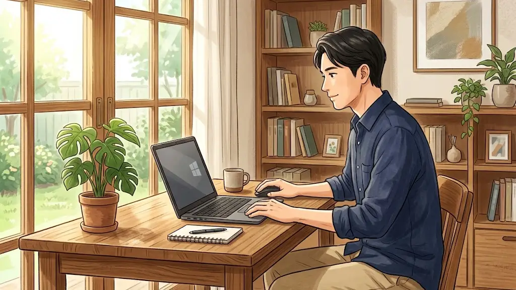 自然光が入る部屋のデスクで落ち着いてノートパソコンに向かう日本人男性