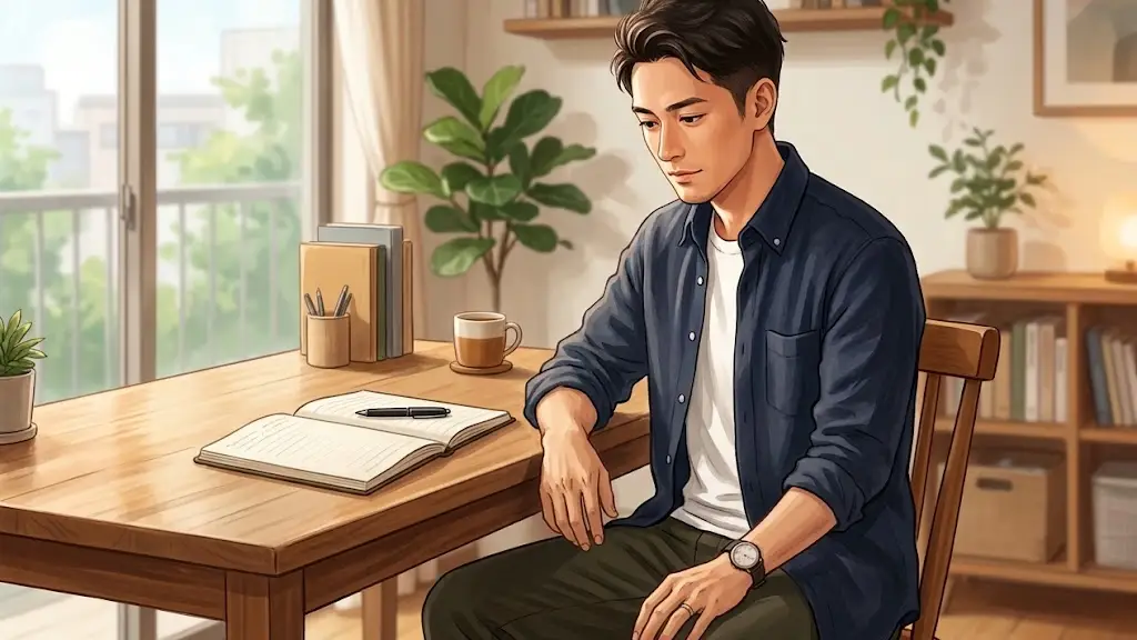 デスクの上のノートを見比べながら思案する日本人男性