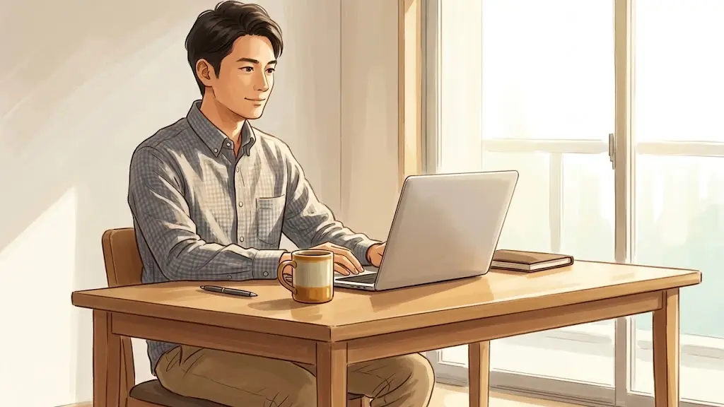 デスクでノートパソコンの画面を落ち着いた様子で見つめる日本人男性